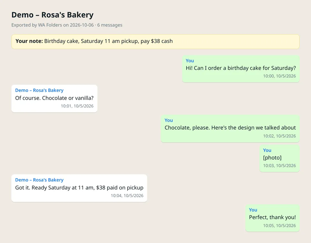 An HTML export of a demo chat with Rosa's Bakery.