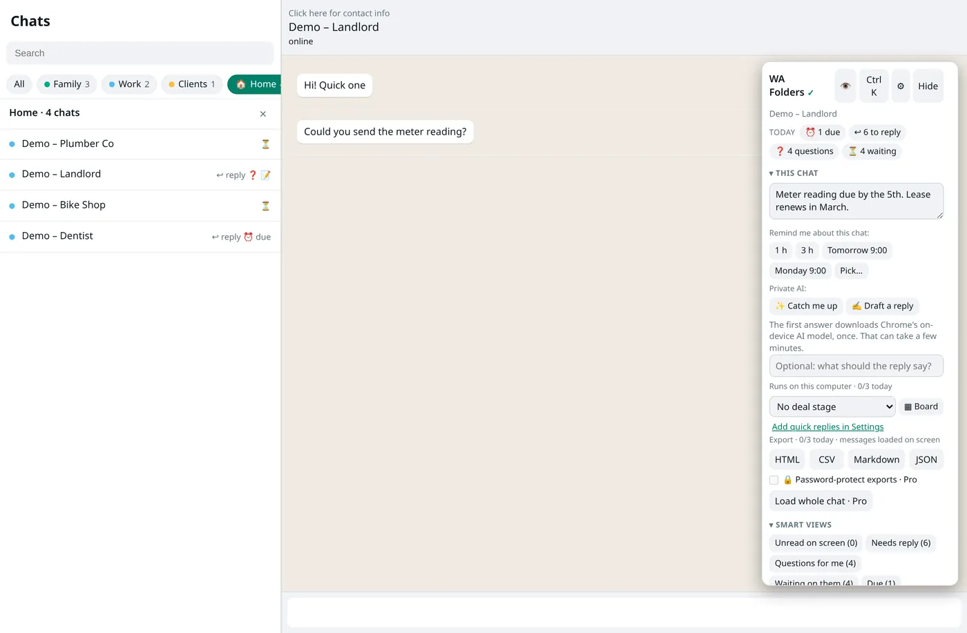 WhatsApp Web with WA Folders: folder tabs Family, Work, Clients and Home above the chat list, and the WA Folders panel. All chats are demo contacts.