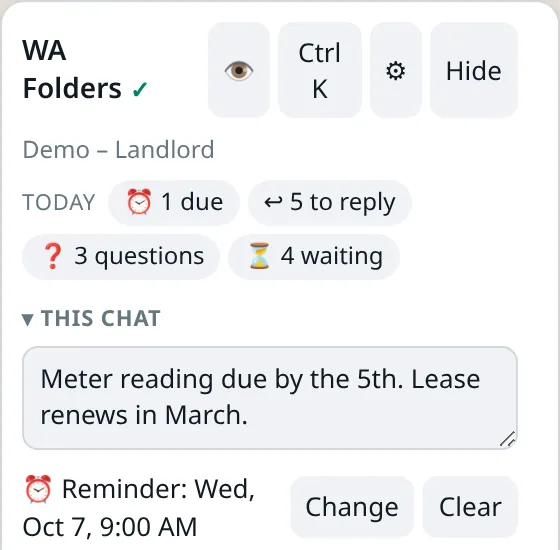 Painel do WA Folders numa conversa de demonstração, com uma nota privada e um lembrete marcado para quarta às 9:00.