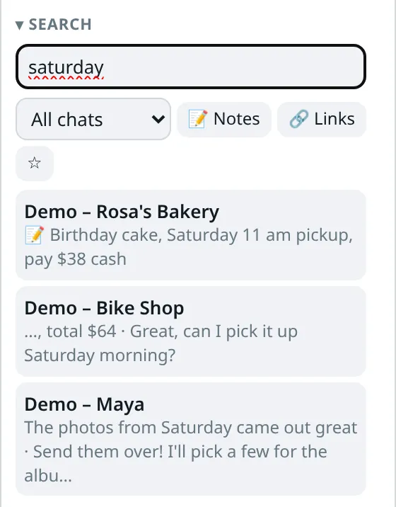 Search for "saturday" with results from a note and two demo chats.